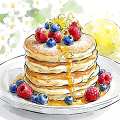 Illustrated lemon ricotta pancakes with berries