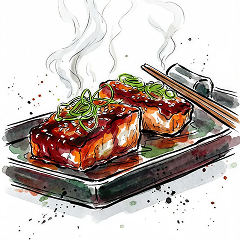 Illustrated gochujang-glazed salmon with greens and rice