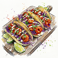 Illustrated shrimp tacos with lime and colorful toppings